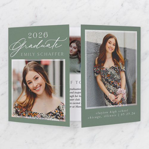 Script Top Graduation Announcement, Green, Gate Fold, Pearl Shimmer Cardstock, Square, Rosemary