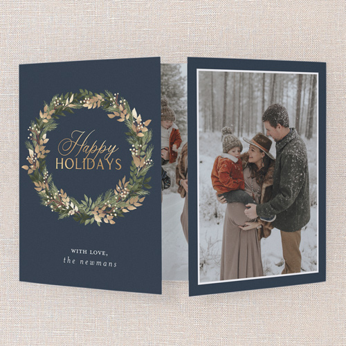 Wreath Embrace Holiday Card, Blue, Gate Fold, Holiday, Pearl Shimmer Cardstock, Square, Navy