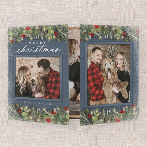 Festive Greenery Holiday Card, Blue, Gate Fold, Christmas, Matte, Folded Smooth Cardstock, Square, Blue