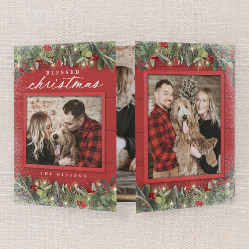 Festive Greenery Holiday Card, Red, Gate Fold, Religious, Matte, Folded Smooth Cardstock, Square, Radish