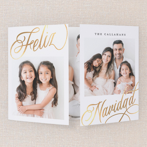 Golden Blessings Holiday Card, White, Gate Fold, Feliz Navidad, Matte, Folded Smooth Cardstock, Square, White