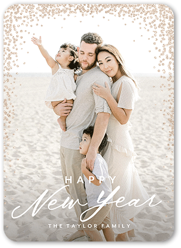 Confetti Corners Holiday Card, White, New Year, Antique Gold Glitter, Matte, Signature Smooth Cardstock, Rounded, White