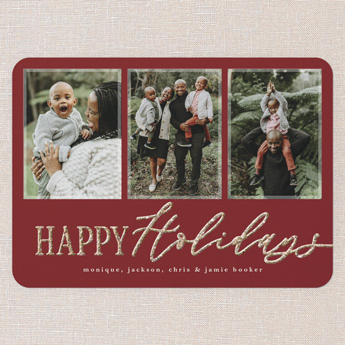 Glittered Wishes Holiday Card, Red, Holiday, Antique Gold Glitter, Matte, Signature Smooth Cardstock, Rounded, Marsala