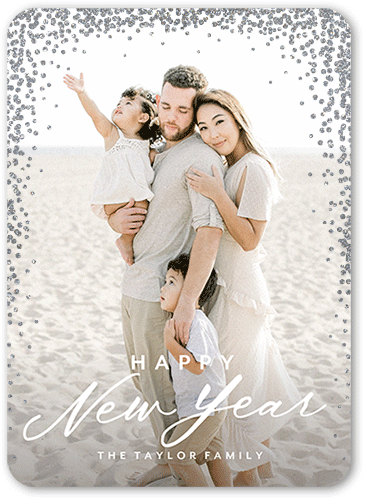 Confetti Corners Holiday Card, White, New Year, Silver Glitter, Matte, Signature Smooth Cardstock, Rounded, White