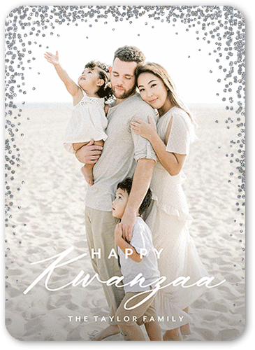 Confetti Corners Holiday Card, White, Kwanzaa, Silver Glitter, Matte, Signature Smooth Cardstock, Rounded