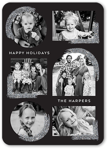 Glitter Accents Holiday Card, Black, Holiday, Silver Glitter, Matte, Signature Smooth Cardstock, Rounded