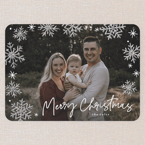 Snowflake Glisten Holiday Card, Blue, Christmas, Silver Glitter, Matte, Signature Smooth Cardstock, Rounded