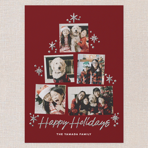 Tree Photo Layout Holiday Card, Red, Holiday, Silver Glitter, Matte, Signature Smooth Cardstock, Square, Red