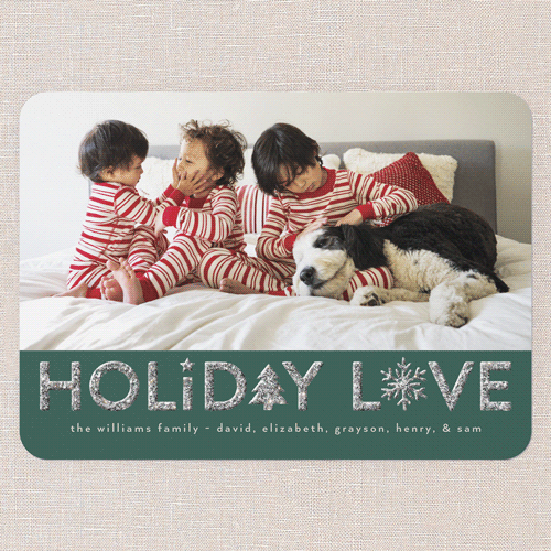 Festive Icons Holiday Card, Green, Holiday, Silver Glitter, Matte, Signature Smooth Cardstock, Rounded, Tree