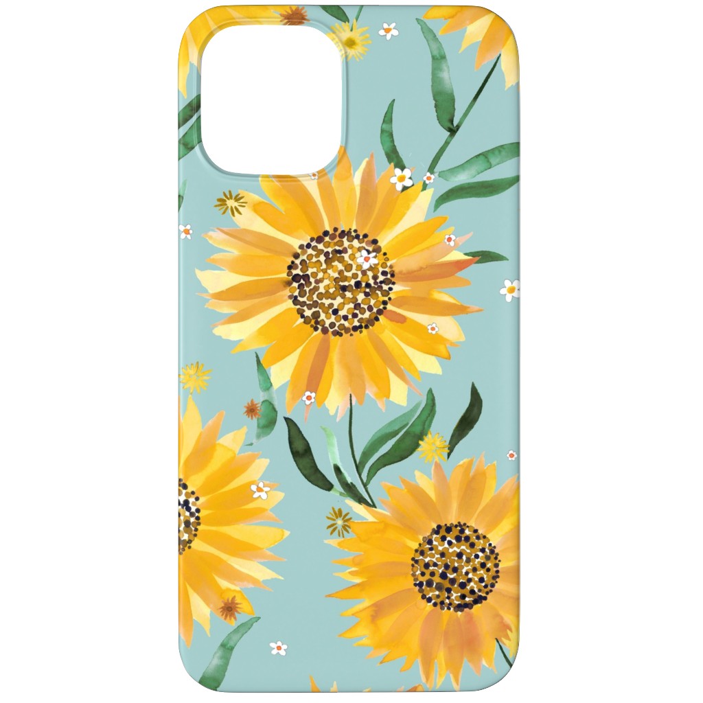 Watercolor Sunflowers - Yellow on Blue Phone Case, Silicone Liner Case, Matte, iPhone 11 Pro Max, Yellow