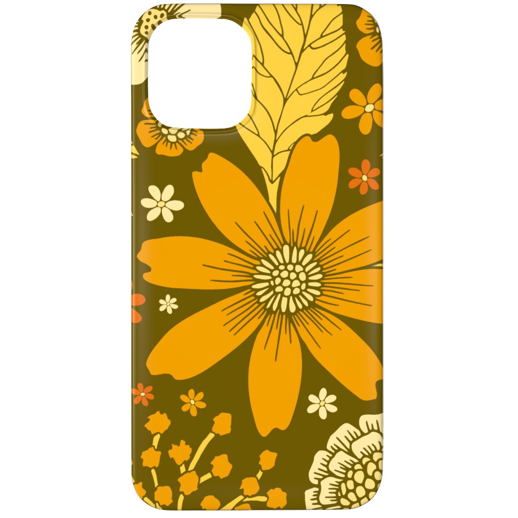 1970s Retro Flowers - Yellow, Orange & Olive Green Phone Case, Silicone Liner Case, Matte, iPhone 11 Pro Max, Orange, Orange