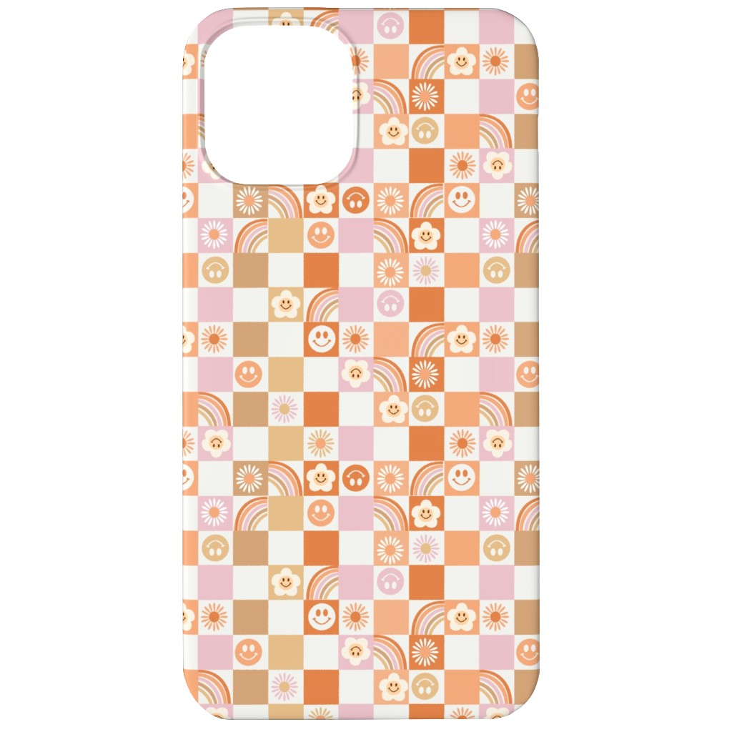 Retro Checkerboard - Daisy, Smile, Happy - Pink Orange Phone Case, Silicone Liner Case, Matte, iPhone 11, Orange, Orange