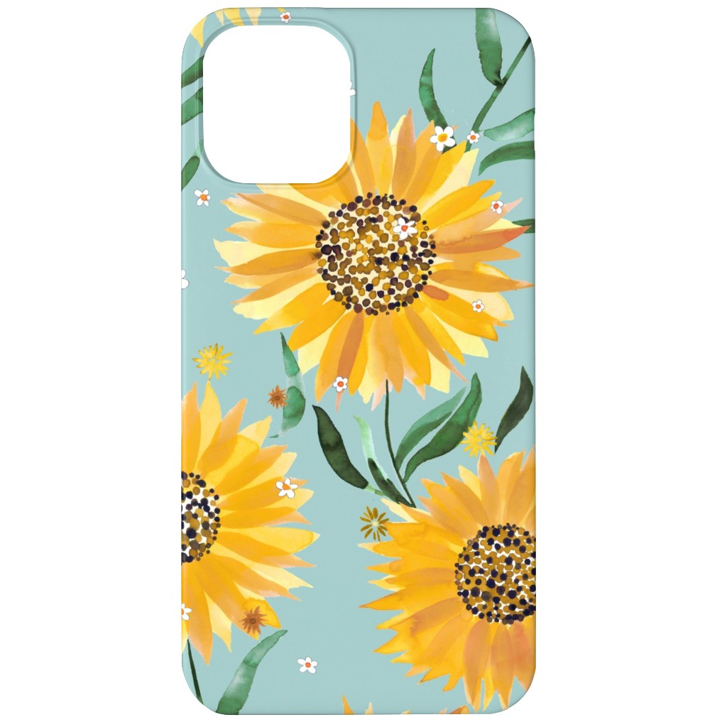 Watercolor Sunflowers - Yellow on Blue Phone Case, Silicone Liner Case, Matte, iPhone 12 Mini, Yellow, Classic Yellow