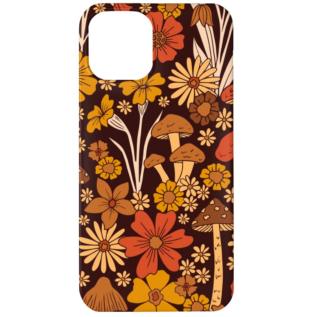 Retro 1970s Mushroom & Flowers - Brown and Orange Phone Case, Slim Case, Matte, iPhone 12 Mini, Orange, Orange