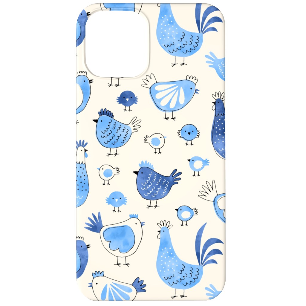 Chicken and Rooster - Watercolor - Blue on Creme Phone Case, Slim Case, Matte, iPhone 12 Mini, Blue, True Blue
