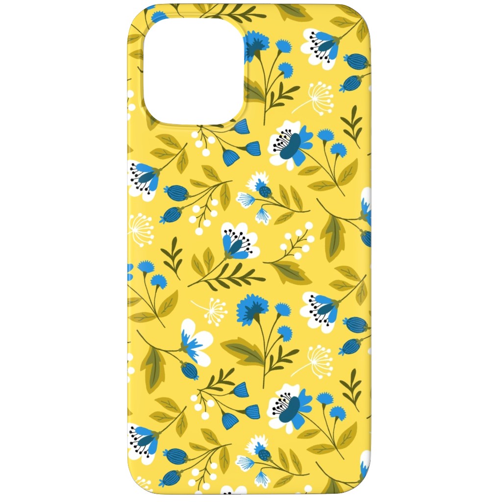 Colorful Spring Flowers - Blue on Yellow Phone Case, Slim Case, Matte, iPhone 12 Pro, Yellow, Classic Yellow