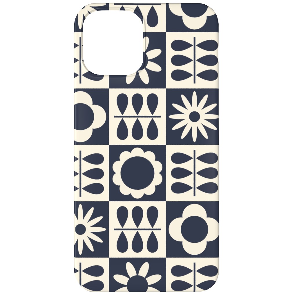 Scandinavian Checker Blooms - Off White and Navy Phone Case, Slim Case, Matte, iPhone 12, Black, Black