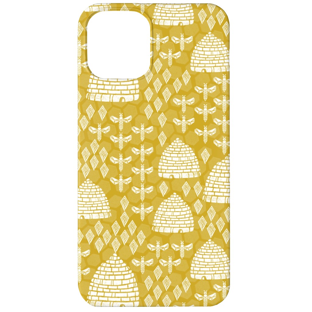 Bee Hives, Spring Florals Linocut Block Printed - Golden Yellow Phone Case, Slim Case, Matte, iPhone 12, Yellow