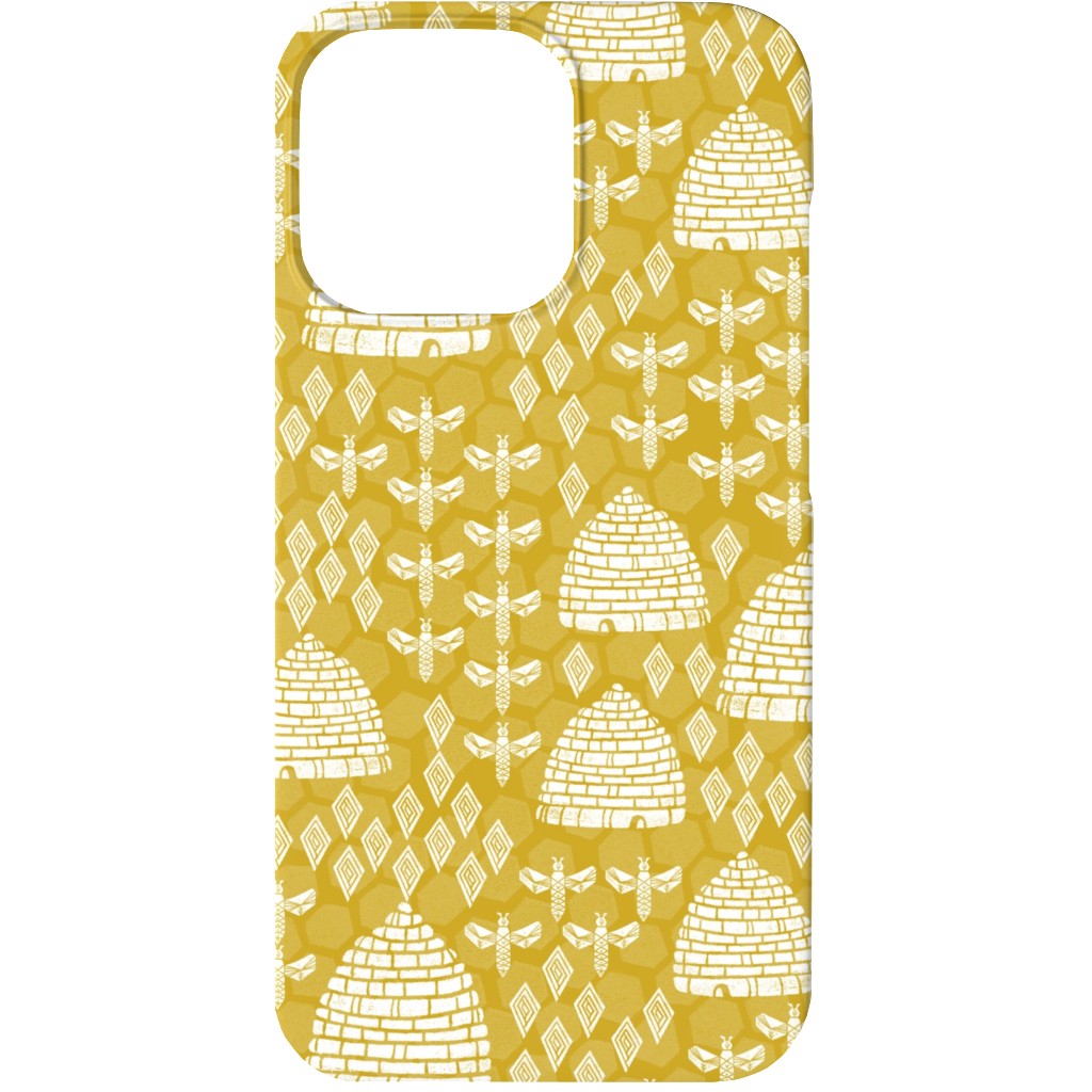 Bee Hives, Spring Florals Linocut Block Printed - Golden Yellow Phone Case, Slim Case, Matte, iPhone 13 Mini, Yellow