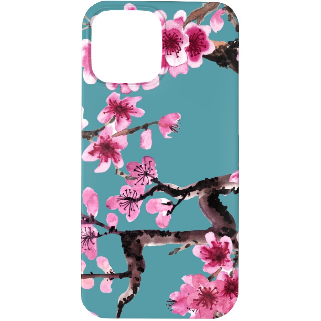 Sakura - Pink on Turquoise Phone Case, Silicone Liner Case, Matte, iPhone 13 Pro Max, Blue