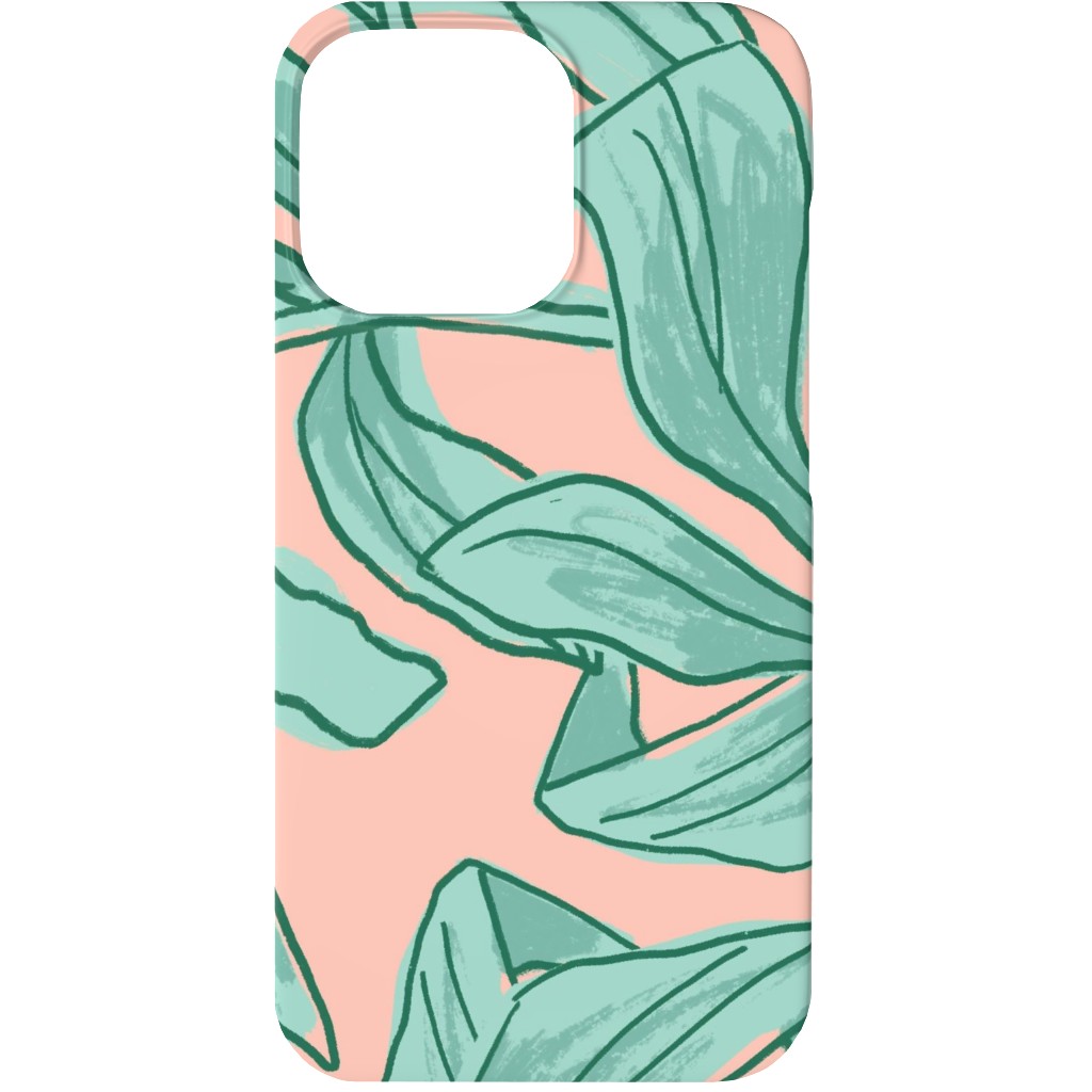 Lush Tropical Leaves - Pink and Mint Phone Case, Silicone Liner Case, Matte, iPhone 13, Green, Classic Green