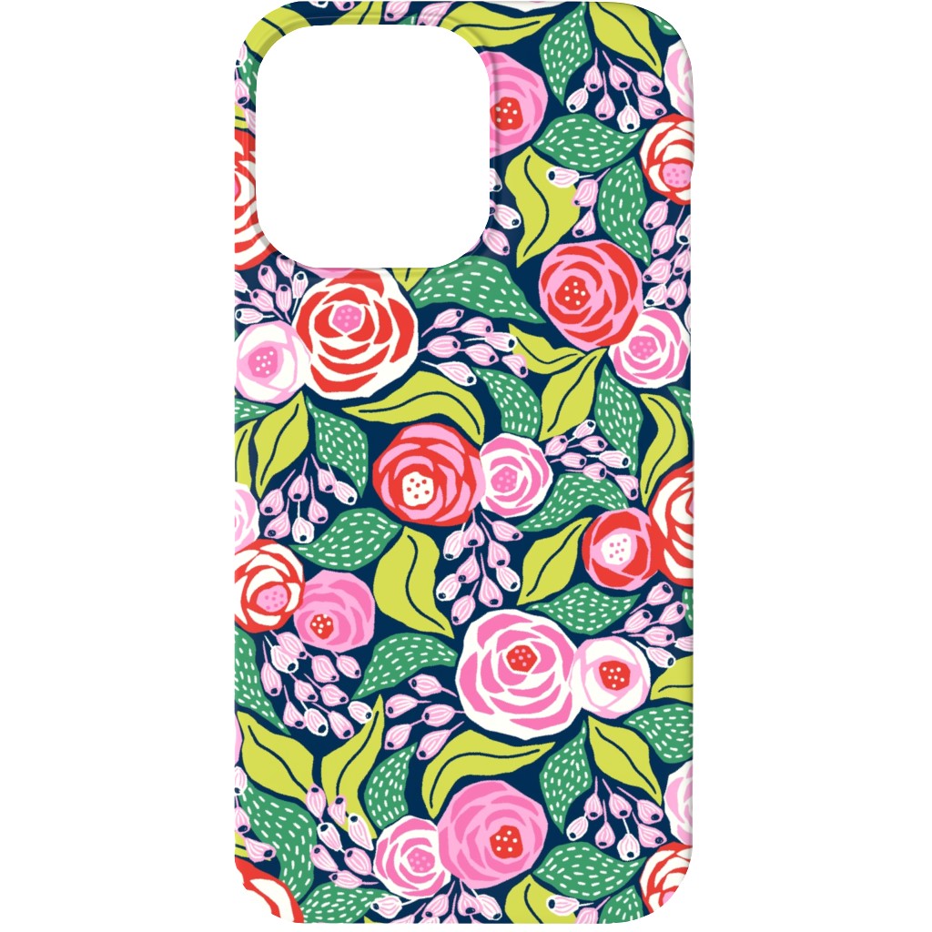 Colourful Papercut Roses - Pink on Dark Blue Phone Case, Slim Case, Matte, iPhone 13, Pink