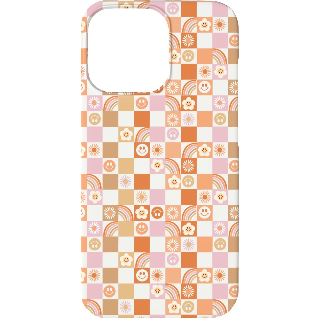 Retro Checkerboard - Daisy, Smile, Happy - Pink Orange Phone Case, Slim Case, Matte, iPhone 13, Orange