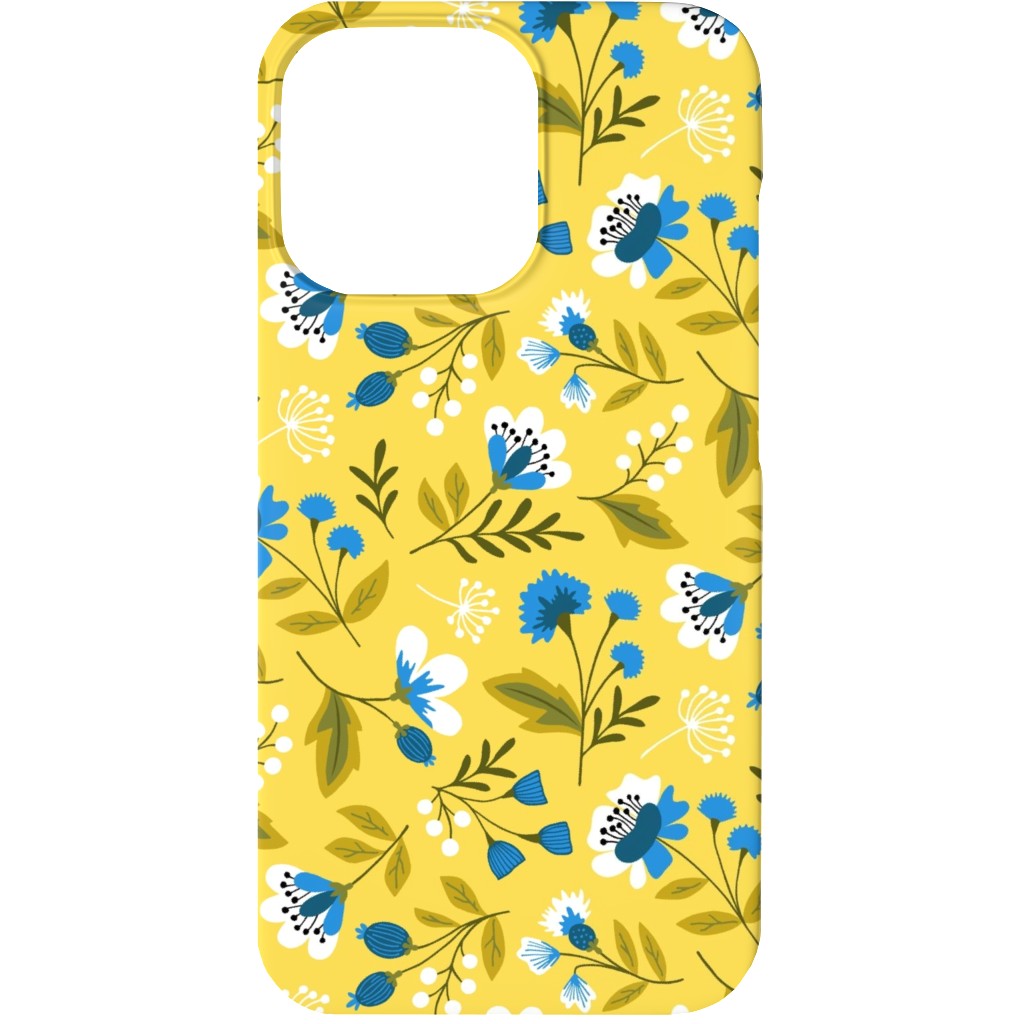 Colorful Spring Flowers - Blue on Yellow Phone Case, Slim Case, Matte, iPhone 13, Yellow, Classic Yellow