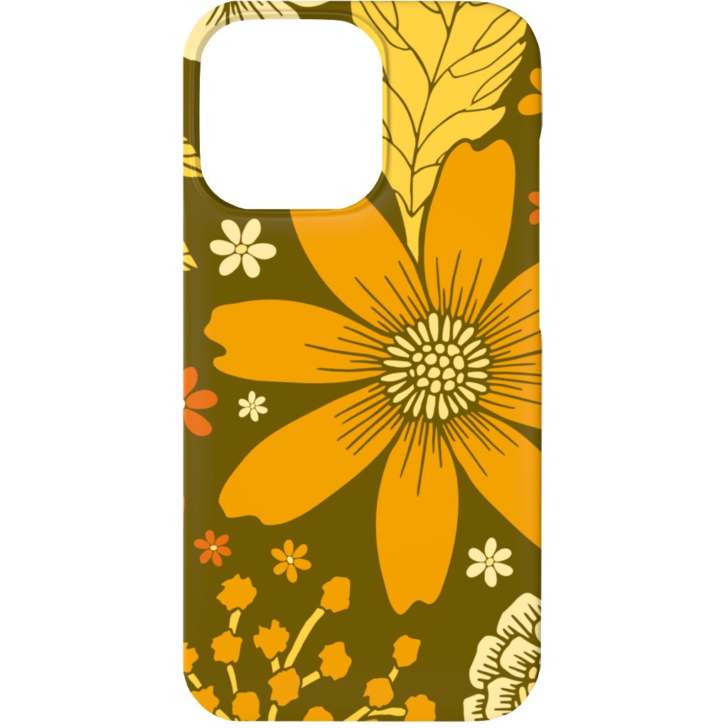 1970s Retro Flowers - Yellow, Orange & Olive Green Phone Case, Slim Case, Matte, iPhone 13, Orange, Orange