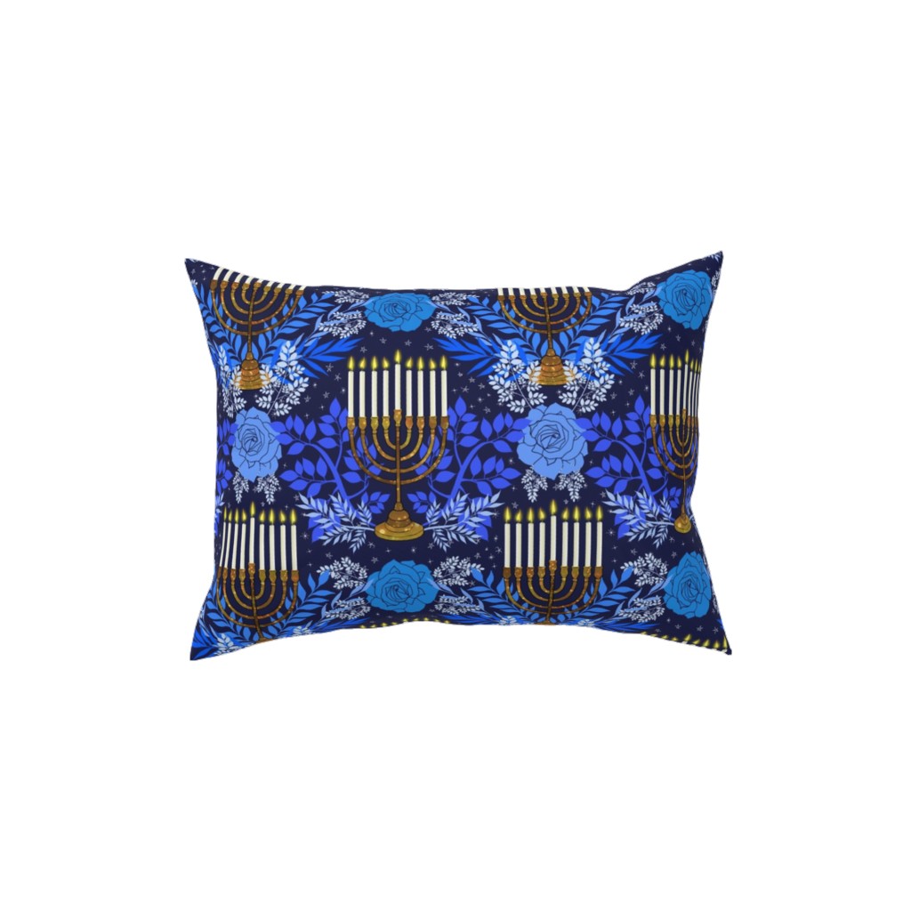 Floral Menorahs Pillow, Woven, White, 12x16, Double Sided, Blue