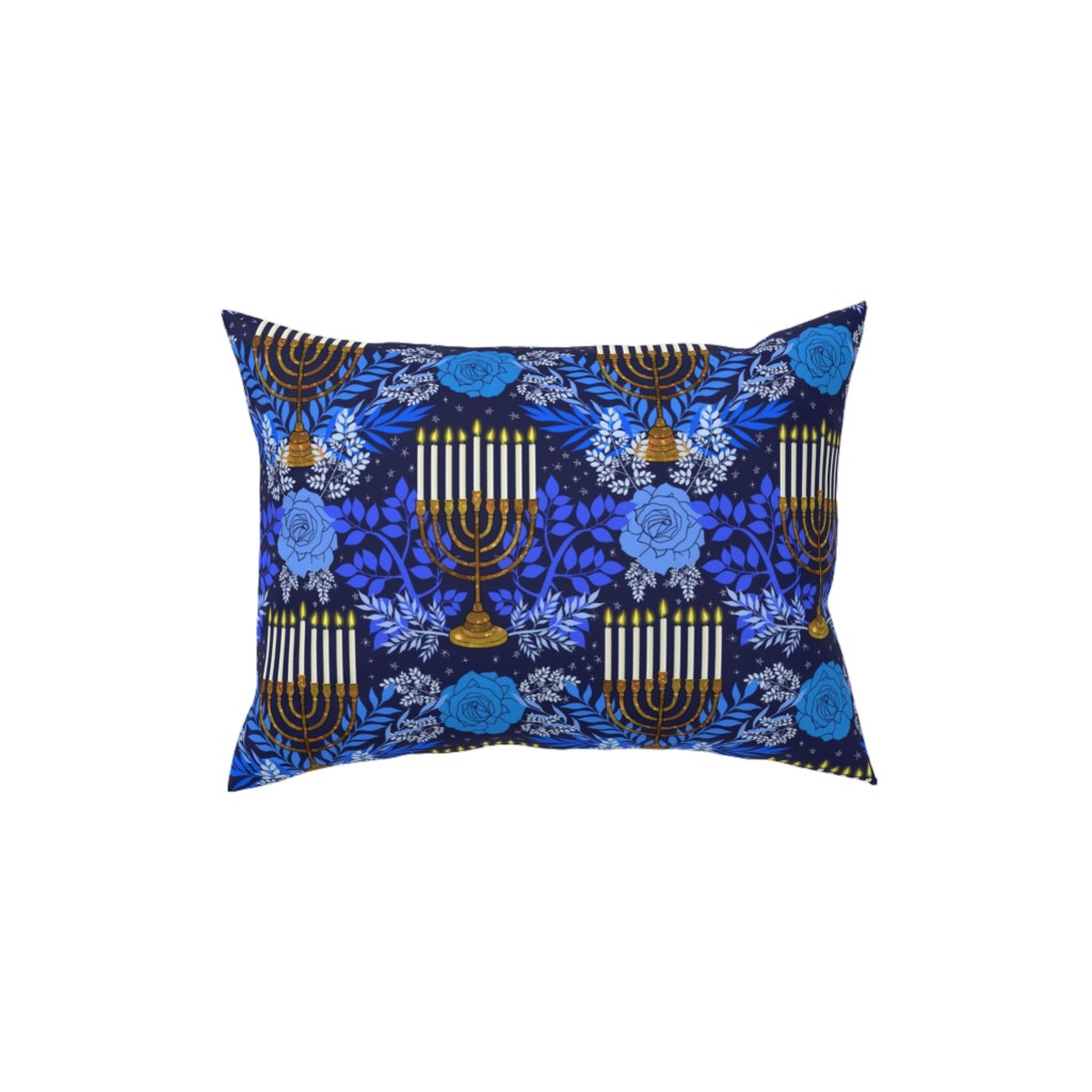 Floral Menorahs Pillow, Woven, White, 12x16, Double Sided, Blue, True Blue