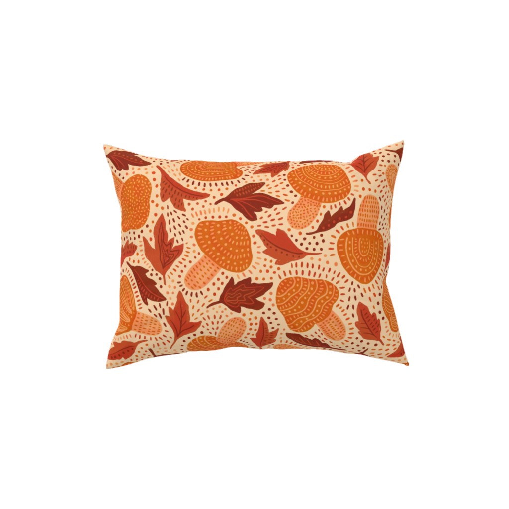 Autumn Mushrooms and Fallen Leaves Pillow, Woven, White, 12x16, Double Sided, Orange