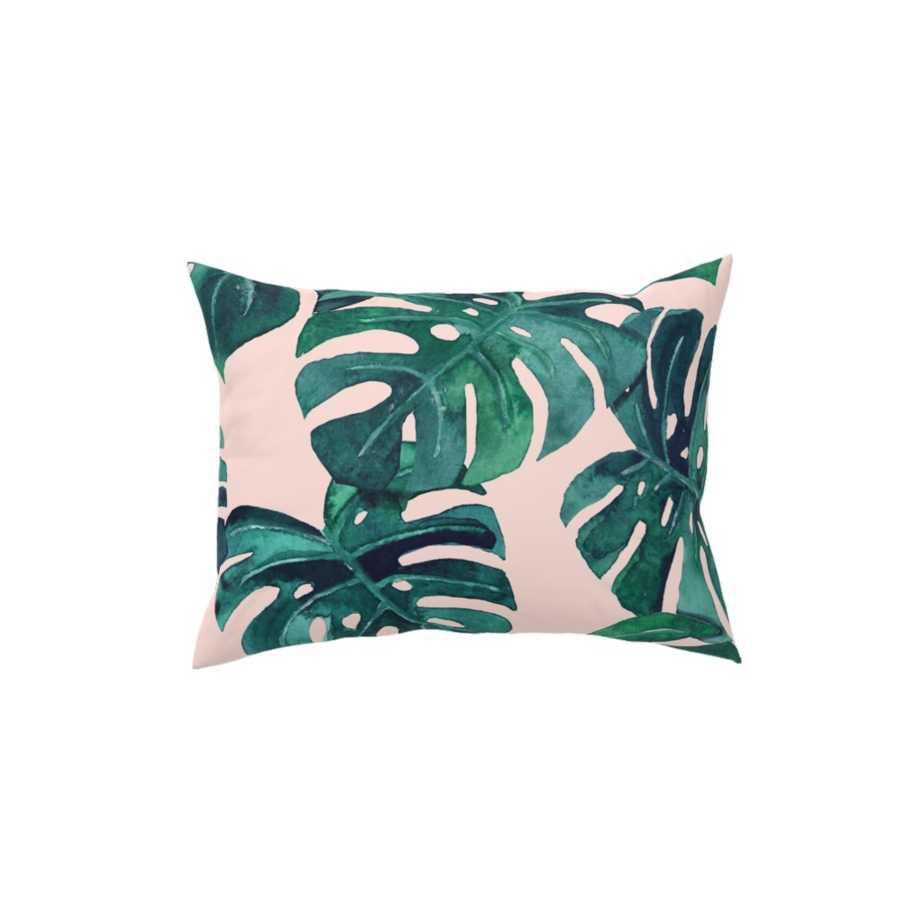 Watercolor Monstera Leaves - Green on Blush Pink Pillow, Woven, White, 12x16, Double Sided, Green