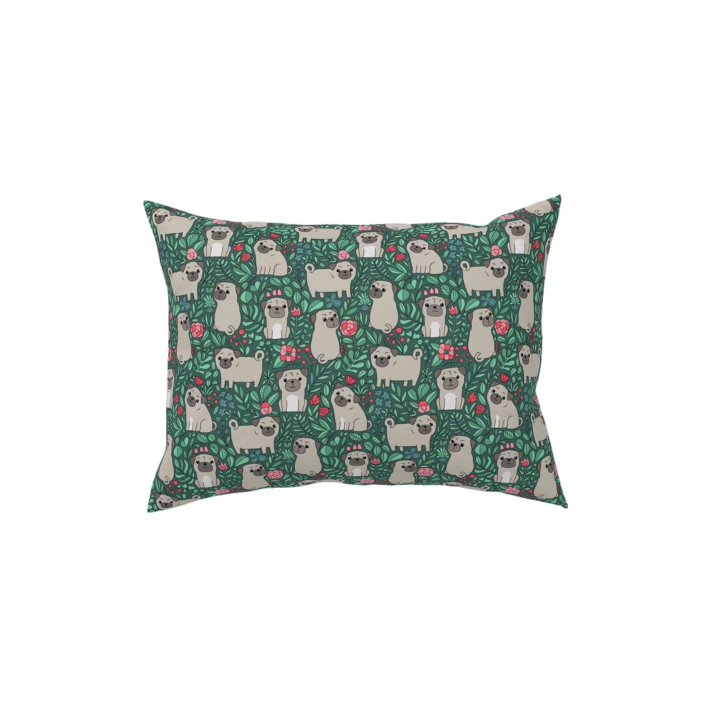 Cute Pugs and Flowers - Multicolor Pillow, Woven, White, 12x16, Double Sided, Green