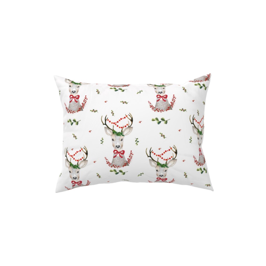 Holiday Fancy Deer With Holly Pillow, Woven, White, 12x16, Double Sided, Multicolor