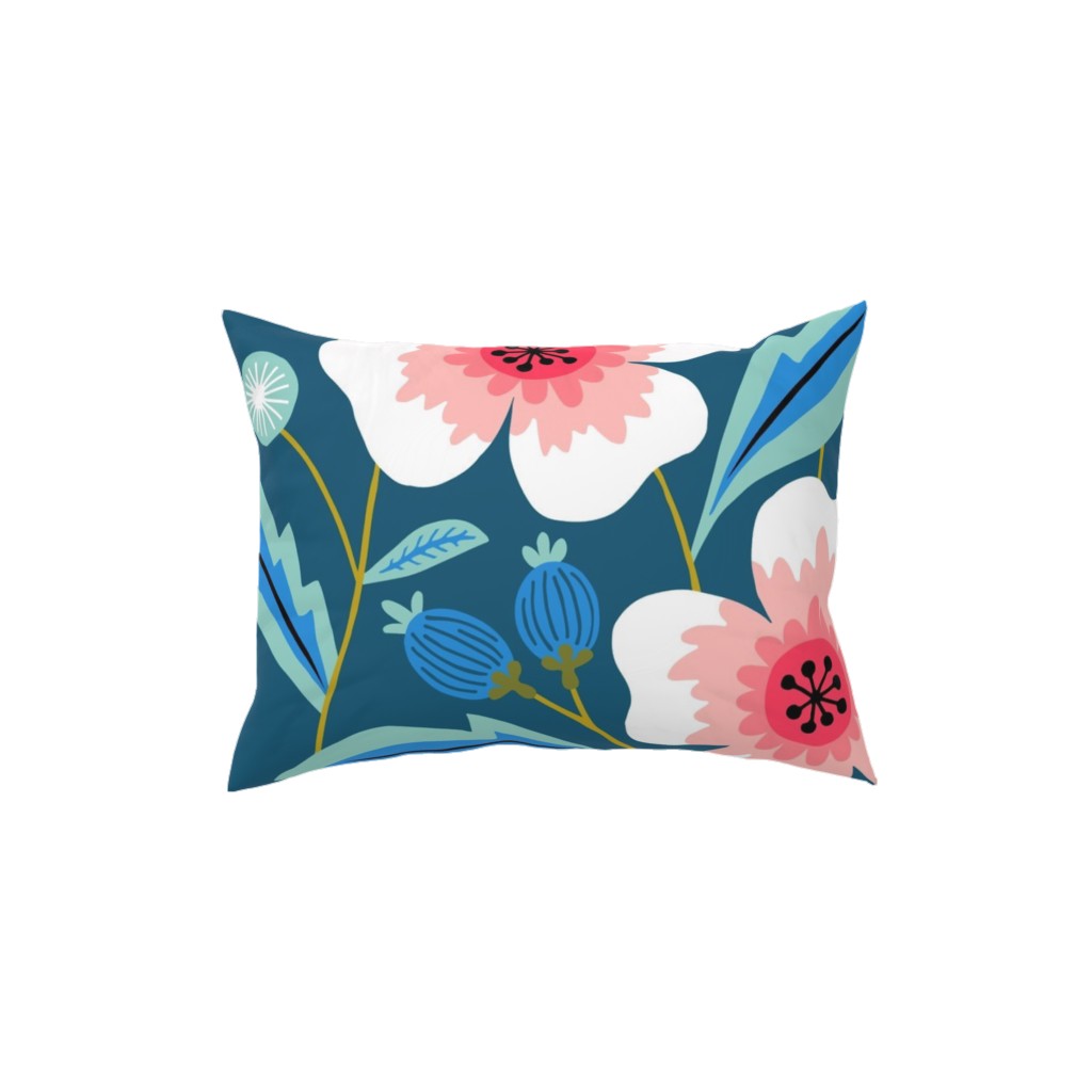 Colorful Spring Flowers - Pink on Blue Pillow, Woven, White, 12x16, Double Sided, Green