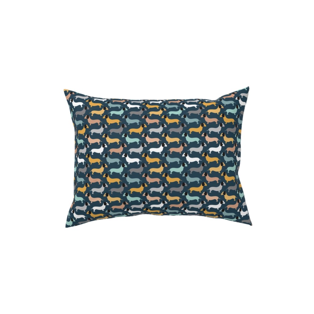 Retro Dachshund Dogs Pillow, Woven, White, 12x16, Double Sided, Green, Blue Slate