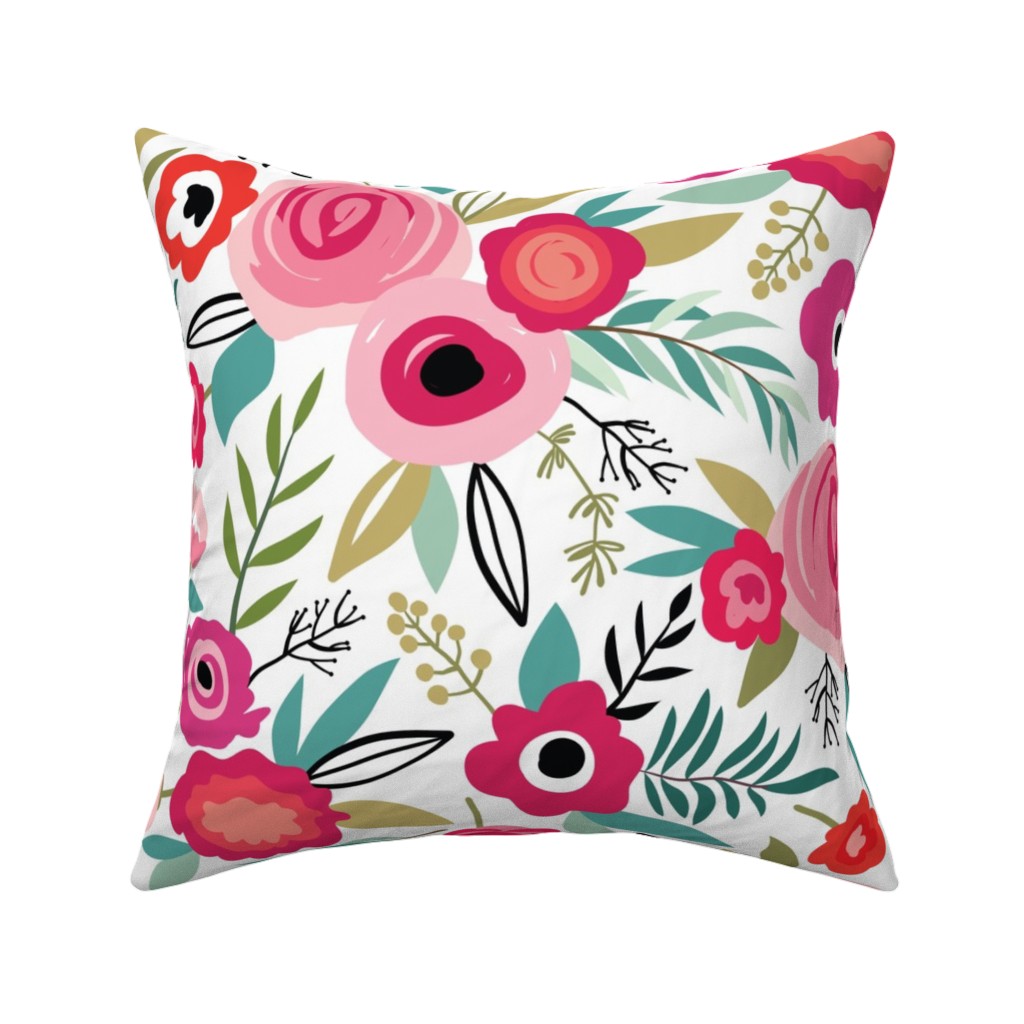 Maypole Floral - Pink Pillow, Woven, White, 16x16, Double Sided, Pink, Bright Pink