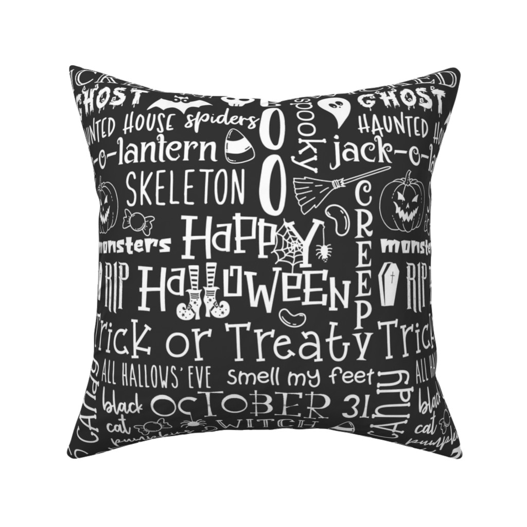 Halloween Typography - White on Dark Grey Pillow, Woven, White, 16x16, Double Sided, Black