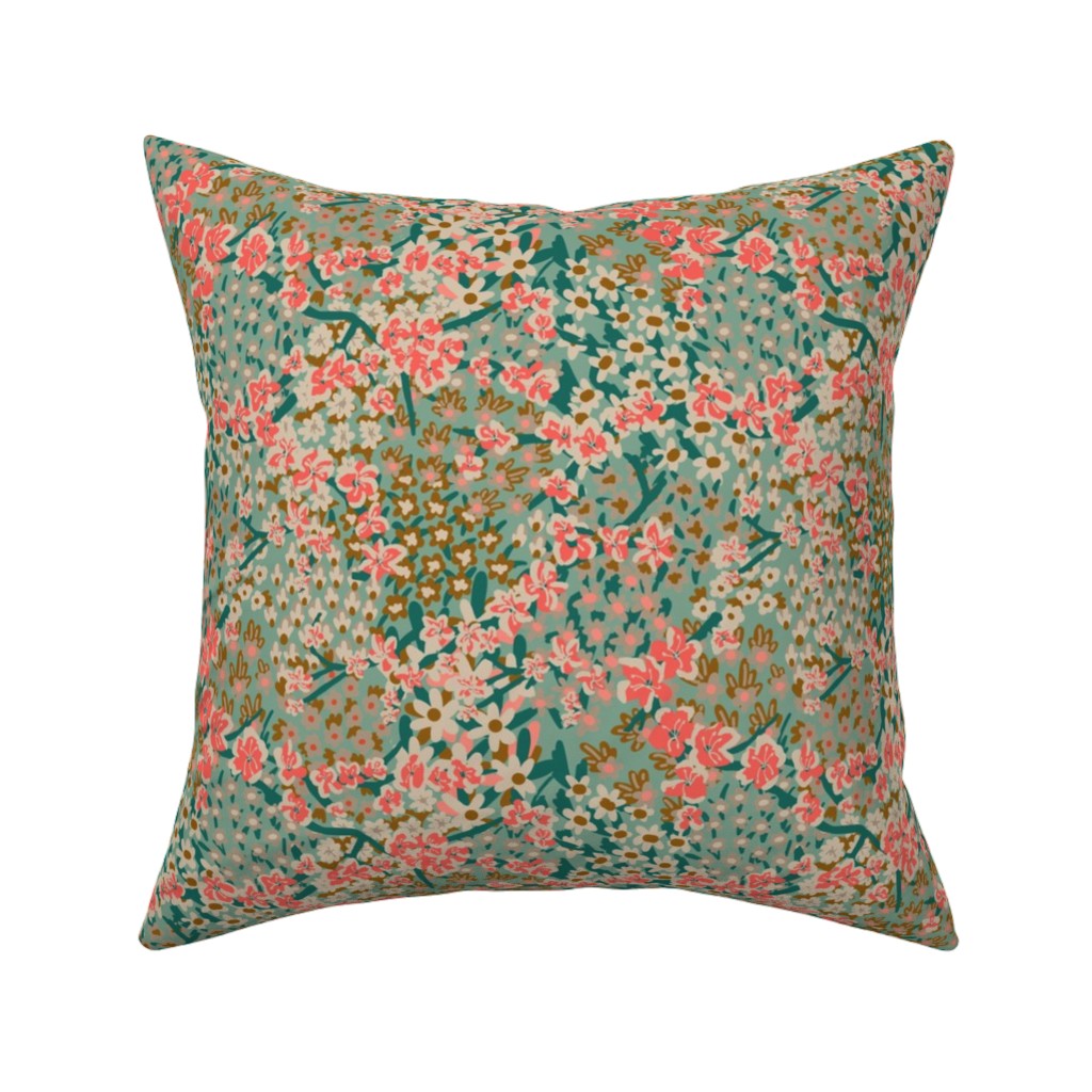 Bengal Kuma Floral - Multi Pillow, Woven, White, 16x16, Double Sided, Green, Classic Green
