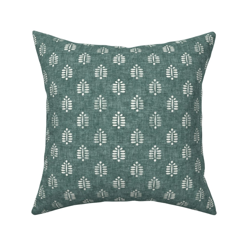 Block Print Fern on Dark Jade Pillow, Woven, White, 16x16, Double Sided, Green