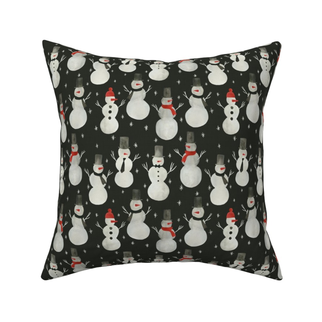 Watercolor Snowmen Pillow, Woven, White, 16x16, Double Sided, Black, Black