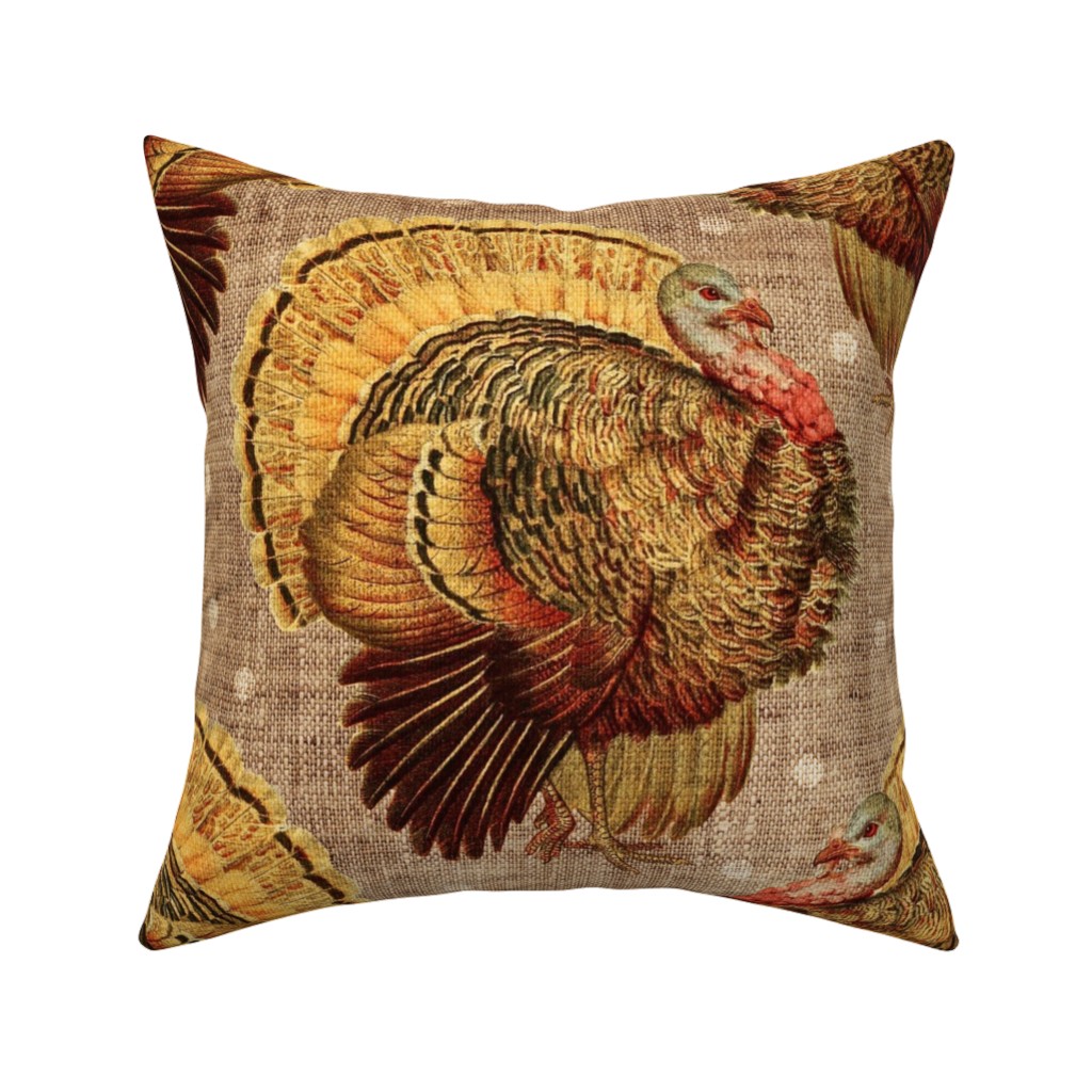 Vintage Turkey - Burlap Pillow, Woven, White, 16x16, Double Sided, Brown, Brown