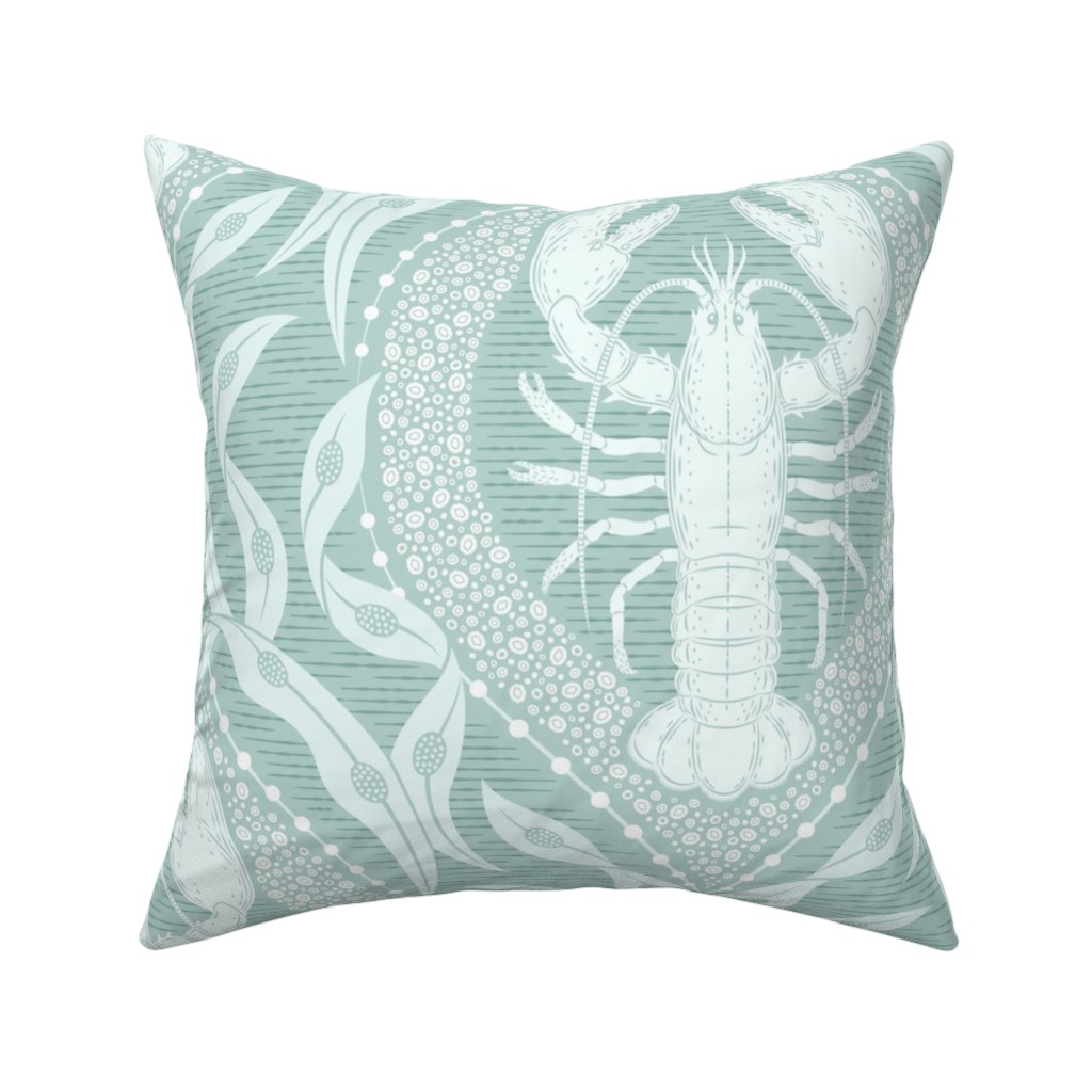 Lobster and Seaweed Nautical Damask Pillow, Woven, White, 16x16, Double Sided, Green