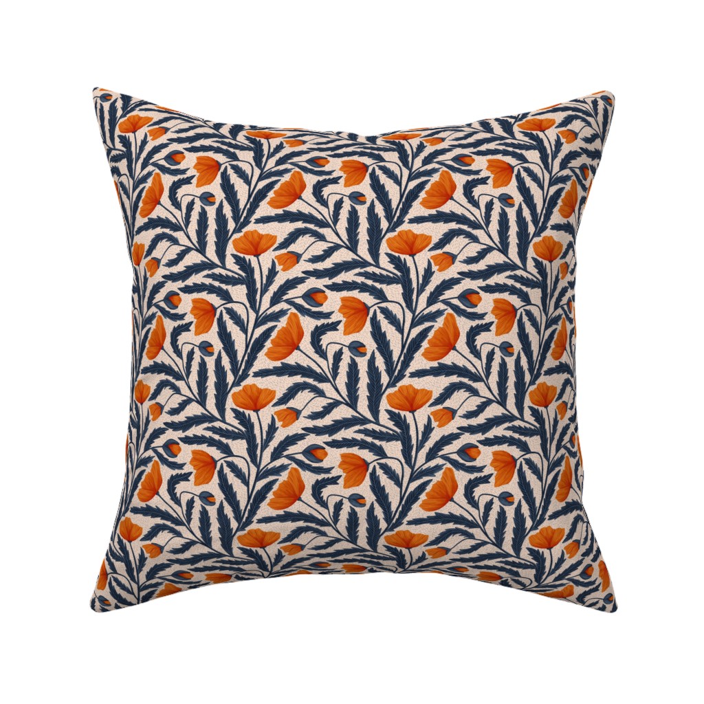 Poppy Flower - Blue and Orange Pillow, Woven, White, 16x16, Double Sided, Blue