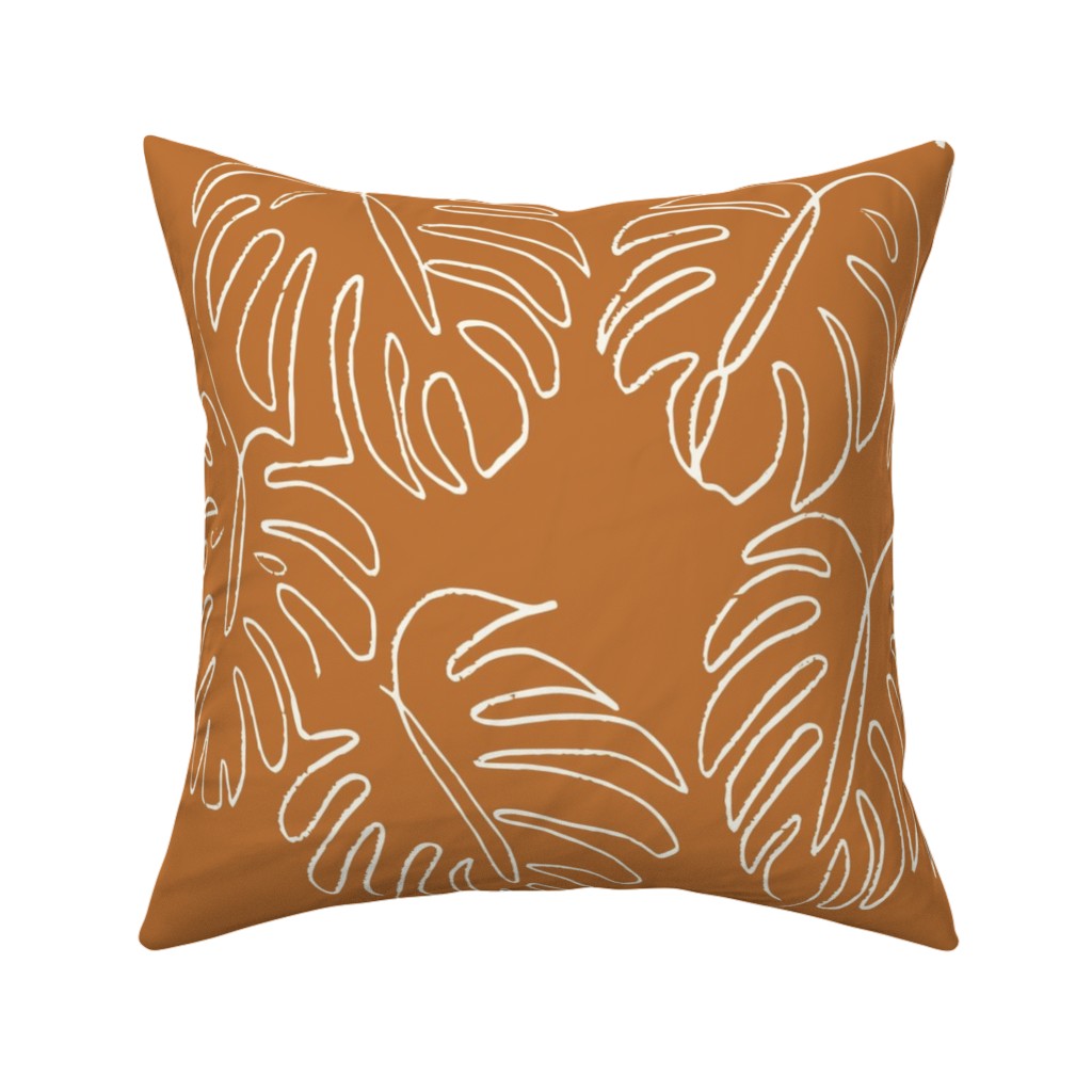 Monstera Line Art - Burnt Orange Pillow, Woven, White, 16x16, Double Sided, Orange, Orange