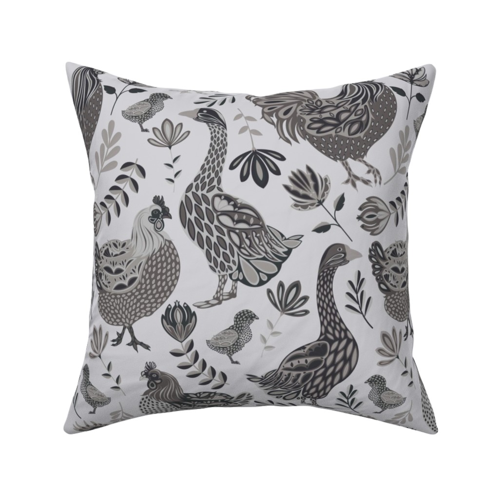 French Farm Birds - Greyscale Pillow, Woven, White, 16x16, Double Sided, Gray, Gray