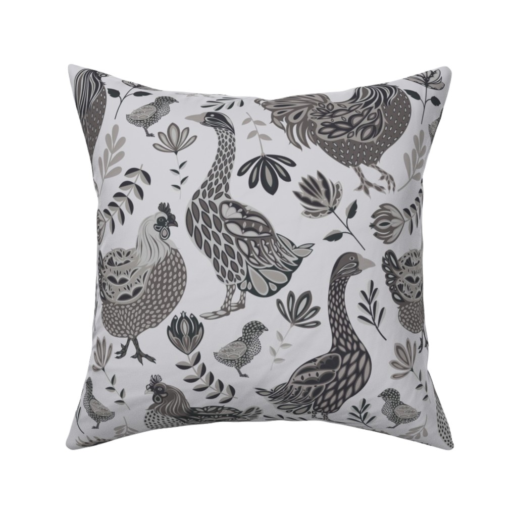 French Farm Birds - Greyscale Pillow, Woven, White, 16x16, Double Sided, Gray