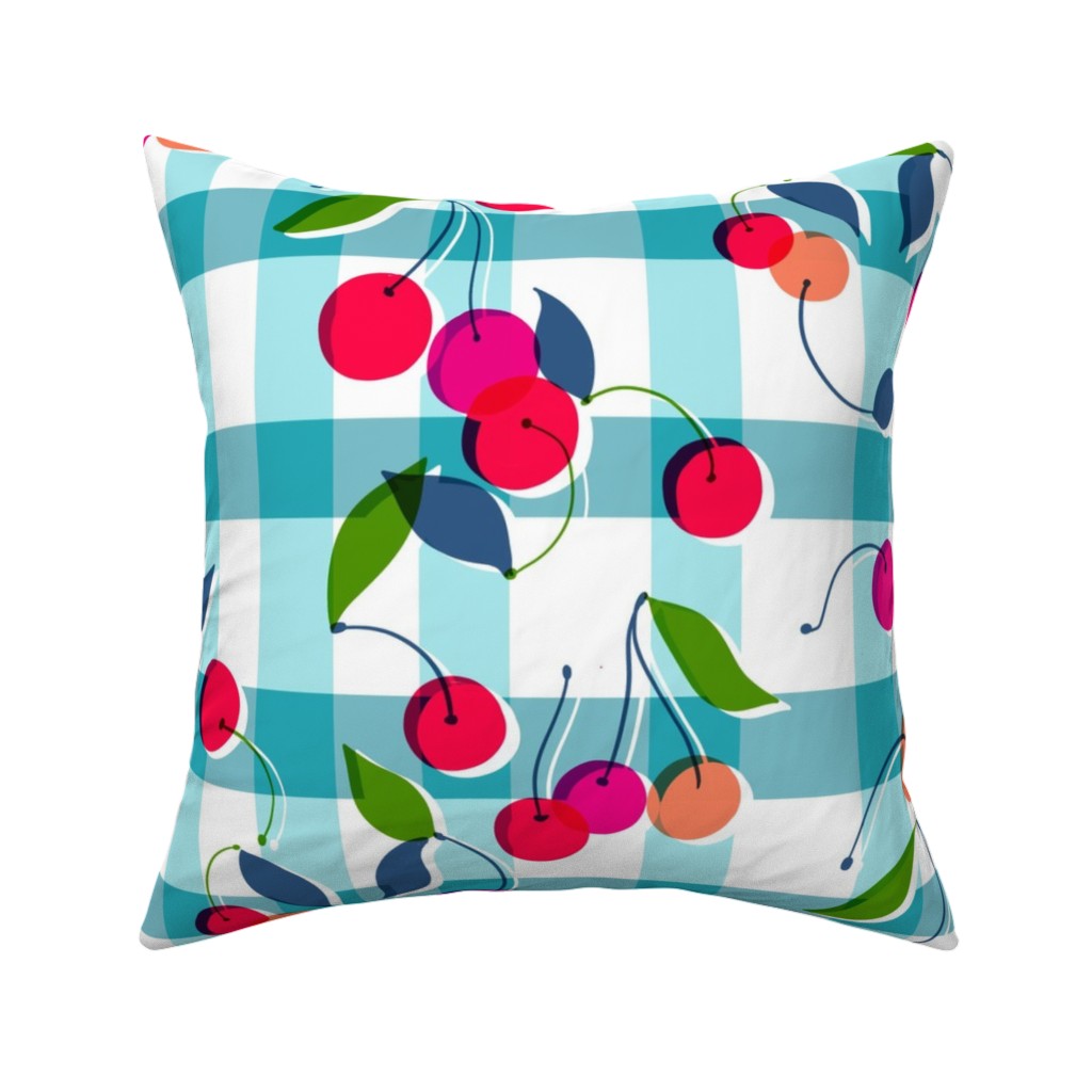 Gingham Cherry - Blue Pillow, Woven, White, 16x16, Double Sided, Blue