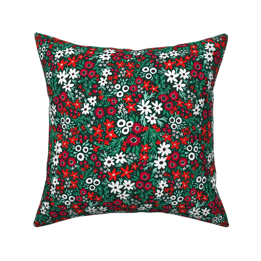 Rustic Floral - Holiday Red and Green Pillow, Woven, White, 16x16, Double Sided, Green